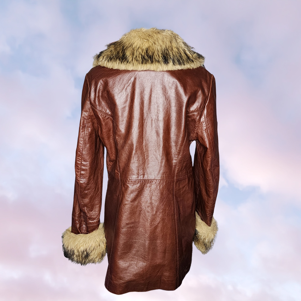 Vtg 90s Wilsons Leather Long Brown Faux Fur Collar Pennylane Trench Coat Sz L - Picture 4 of 8